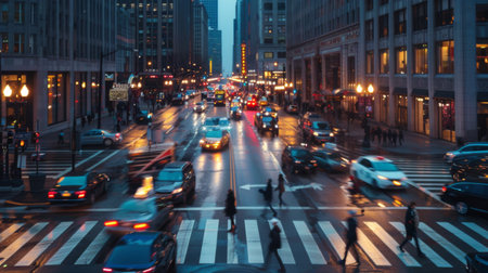 A busy city intersection at dusk, with people and cars moving in harmony, reflecting the dynamic energy of city lifeの素材