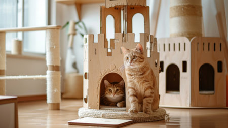 A cat house shaped like a mini castle, with a cat sitting at the entrance, highlighting a whimsical and fun designの素材