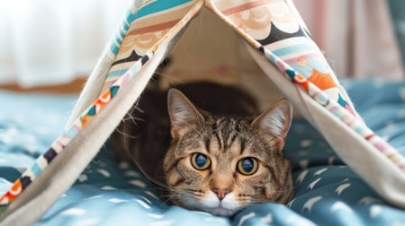 A cat peeking out of a stylish fabric cat tent, illustrating a trendy and portable feline hideawayの素材