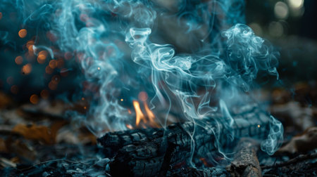 A close-up of smoke rising from a smoldering campfire, evoking outdoor adventure and campingの素材
