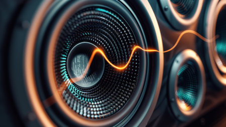 A close-up of a high-fidelity speaker with sound waves visible, illustrating audio technologyの素材