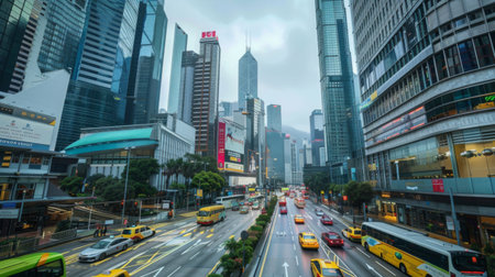 A busy intersection with skyscrapers towering above, showcasing city traffic and modern lifeの素材