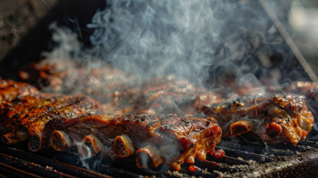 A barbecue smoker grill releasing aromatic smoke, with meat cooking inside, enhancing flavorsの素材