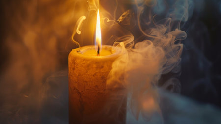 A close-up of smoke swirling from an extinguished candle, creating an atmospheric and tranquil sceneの素材