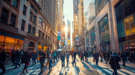 A bustling street scene with people walking among tall office buildings in a financial districtの素材