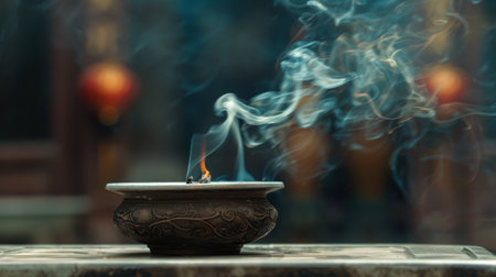 Close-up of a burning incense stick with wisps of smoke curling in the air.の素材