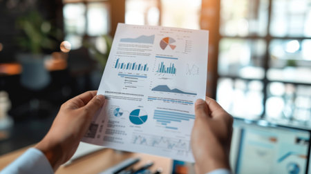 Hands holding a printed business report with graphs and charts in an office setting.の素材
