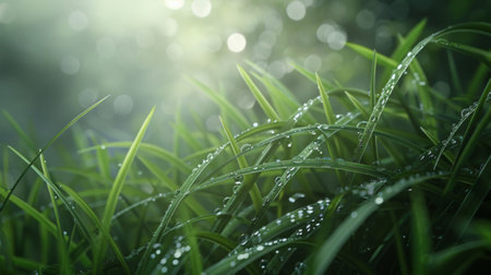 Morning dew on the leaves of a grass blade, with a soft bokeh background.の素材