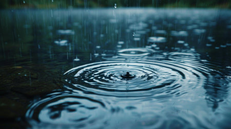 Close-up of rain hitting a lake surface, creating concentric circles and small splashes.の素材
