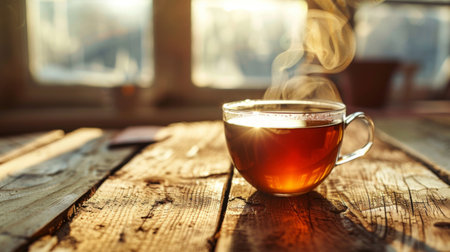Steam rising from a freshly brewed cup of tea on a wooden tableの素材