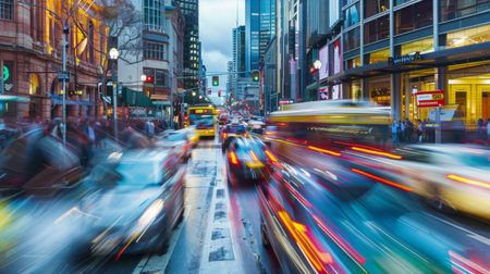 A bustling city street with blurred motion of cars and pedestrians during rush hourの素材