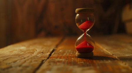 A close-up view of a small hourglass with red sand, countdown and urgency conceptの素材
