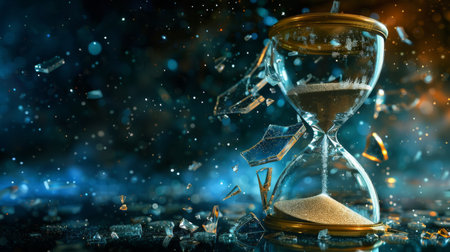 A conceptual image of an hourglass with a broken glass, time and fragilityの素材