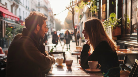 A couple enjoying coffee at an outdoor cafe, with a city street in the background, highlighting social and urban lifeの素材