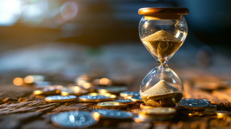 A conceptual image of an hourglass with coins instead of sand, financial time valueの素材