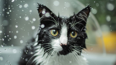 A cute black and white cat with water drops on its fur after bath time, looking adorableの素材