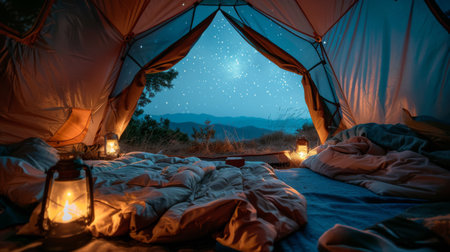 A cozy tent interior with sleeping bags, lanterns, and a view of the starry night sky through the open flap, creating a warm atmosphereの素材