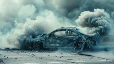 A dramatic scene of smoke billowing from a crashed car, illustrating a road accidentの素材