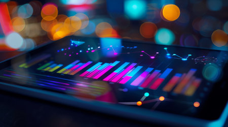 A digital tablet displaying interactive bar graphs and analytics dashboardの素材