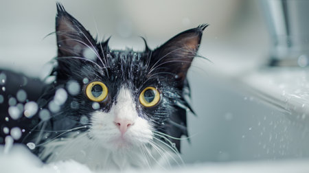 A cute black and white cat with water drops on its fur after bath time, looking adorableの素材