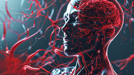 A detailed illustration of the human circulatory system, showing blood flow pathwaysの素材