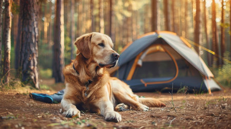 A dog resting by a tent at a campsite, with the forest in the background, showcasing pets enjoying camping trips tooの素材
