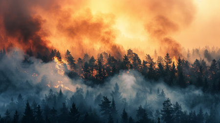 A forest fire with thick smoke covering the horizon, illustrating environmental destructionの素材