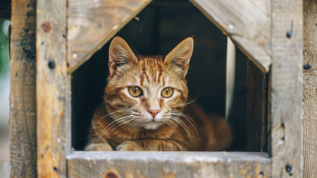 A DIY cat house made from repurposed materials, with a cat curiously exploring it, highlighting creativity and sustainabilityの素材