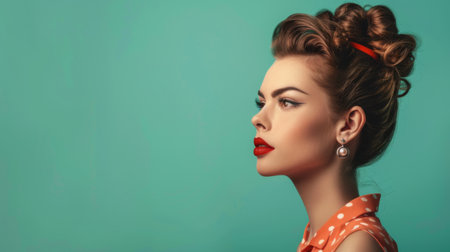 A female model with vintage 1950s hairstyle, posing in retro fashionの素材