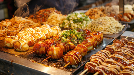 A display of Japanese street food with takoyaki, yakitori skewers, and okonomiyaki pancakesの素材