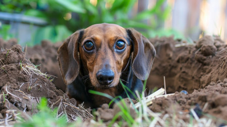 A determined dachshund digging a hole in the backyard, showcasing its persistent behaviorの素材