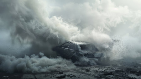 A dramatic scene of smoke billowing from a crashed car, illustrating a road accidentの素材