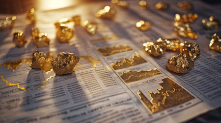 A financial newspaper open to a page displaying gold price graphs and commodity market updatesの素材