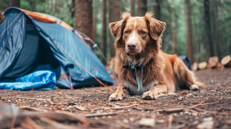 A dog resting by a tent at a campsite, with the forest in the background, showcasing pets enjoying camping trips tooの素材