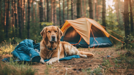 A dog resting by a tent at a campsite, with the forest in the background, showcasing pets enjoying camping trips tooの素材