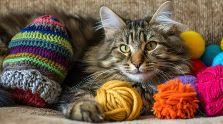 A fluffy, chubby cat lying next to a pile of toys, highlighting its playful and curious personalityの素材