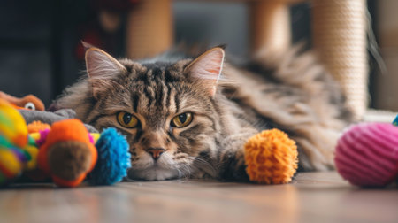 A fluffy, chubby cat lying next to a pile of toys, highlighting its playful and curious personalityの素材