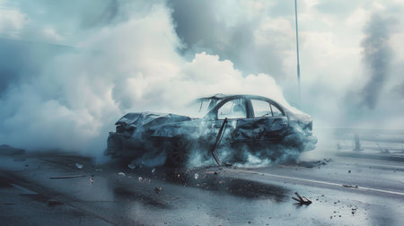 A dramatic scene of smoke billowing from a crashed car, illustrating a road accidentの素材