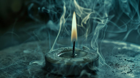 A close-up of smoke swirling from an extinguished candle, creating an atmospheric and tranquil sceneの素材