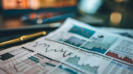 A financial newspaper open to a page displaying stock market graphs and investment adviceの素材