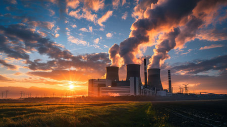 A coal-fired power plant at sunset, with a dramatic sky and industrial landscape, emphasizing traditional energy sourcesの素材