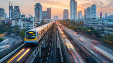 A commuter train speeding on elevated tracks above urban trafficの素材