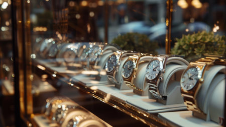 A collection of elegant watches displayed in a jewelry store windowの素材
