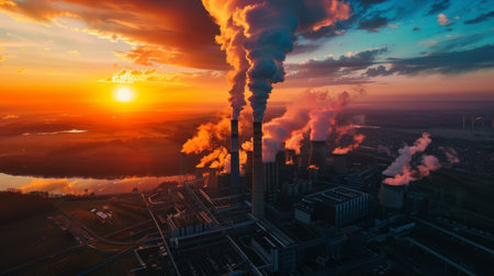 A coal-fired power plant at sunset, with a dramatic sky and industrial landscape, emphasizing traditional energy sourcesの素材