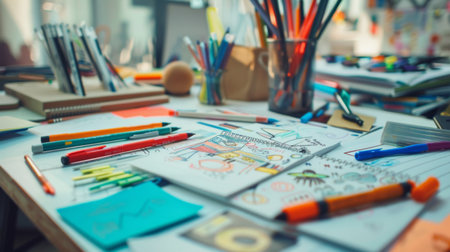 A creative's desk with colorful pens and markers, surrounded by sketches and design concepts, illustrating artistic inspirationの素材