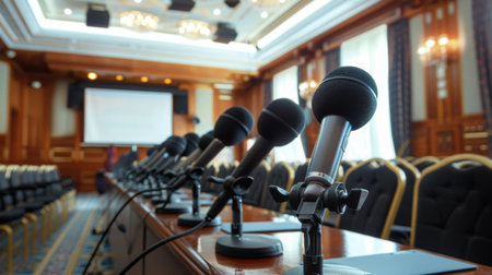 A conference room setup with microphones and large speakers for audio conferencingの素材