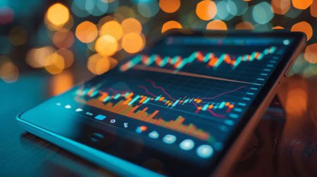 A digital tablet displaying a candlestick chart of gold prices, used for technical analysisの素材
