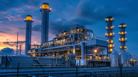 A combined-cycle power plant with gas turbines and steam turbines, showcasing advanced energy production techniquesの素材