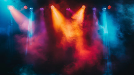 A dark and moody atmosphere with smoke illuminated by colorful stage lights during a concertの素材