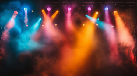 A dark and moody atmosphere with smoke illuminated by colorful stage lights during a concertの素材